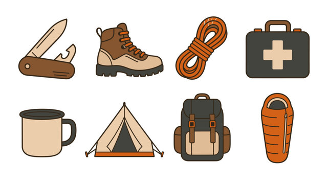 Camping equipment set in flat outlined style with a folding knife hiking boot coiled rope first aid kit mug tent backpack and orange sleeping bag arranged in two rows