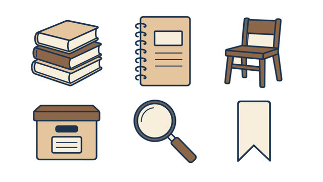 School and study objects arranged in two rows in a clean outlined style with stacked books and a spiral notebook plus a wooden chair and storage box alongside a magnifying glass and a blank bookmark