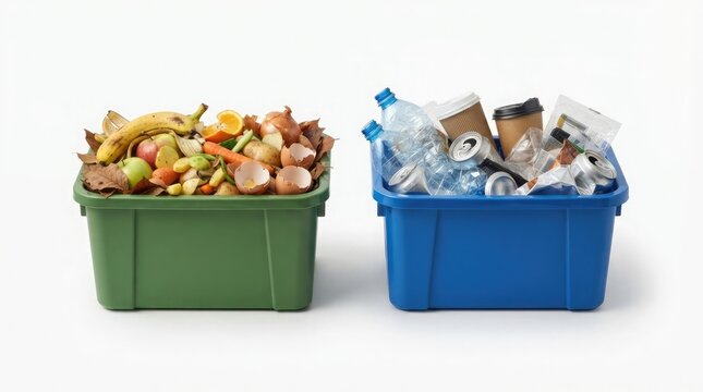 Green and Blue Recycling Bins Side by Side Showing Organic Waste Composting Materials Versus Recyclable Plastic Bottles and Trash for Environment