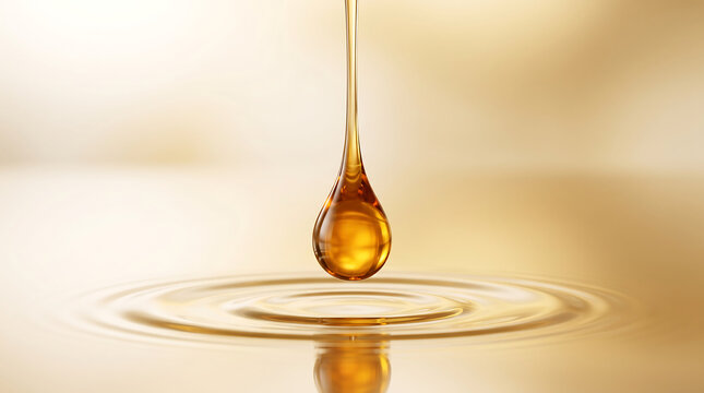 A macro view of a golden liquid drop impacting a smooth amber surface creating concentric ripples