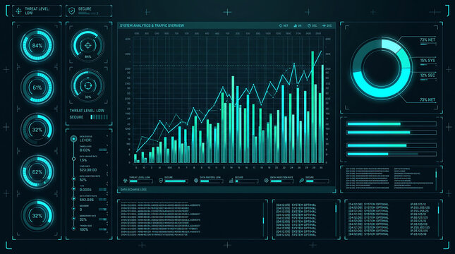 Futuristic digital dashboard interface with glowing data visualization charts and numerical statistics on a dark background