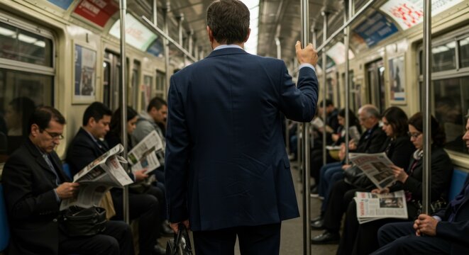 A man in a suit stands in a crowded subway train, holding a pole. Commuters read newspapers while traveling. Daily commute concept.