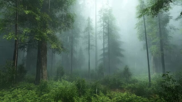 Misty forest landscape with rain falling among tall trees and dense undergrowth. Nature documentaries, environmental education, and forest conservation campaigns.