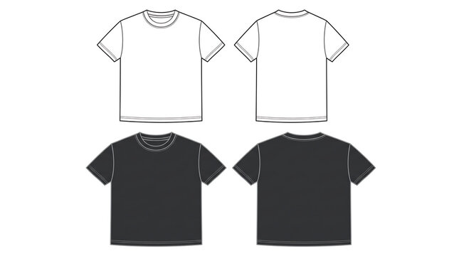 Minimalist black and white t-shirt line art vector template showing front and back views for fashion design and merchandise mockups
