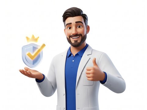 Male Laboratory Scientist Mascot Celebrating Successful Virological Control Protocol with Thumbs Up