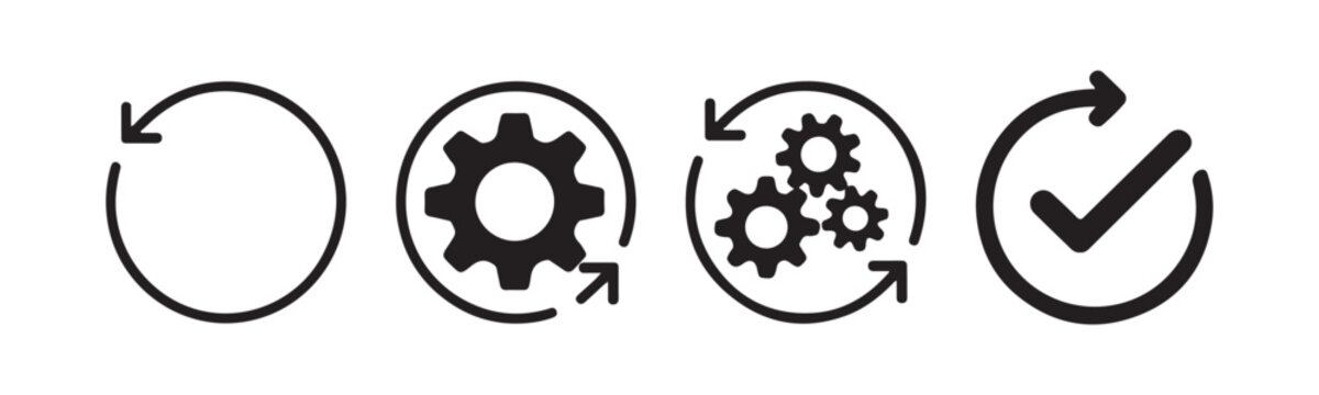 Circular process icons including gears and checkmark representing system workflow and progress.