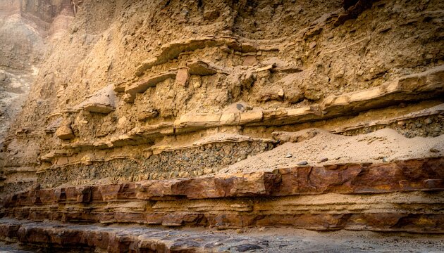 Detailed view of layered sedimentary rock formation showing distinct strata and varied textures.