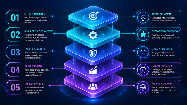 Infographic Business Strategy Template with 3D Stacked Platforms for Technology and Data Management on Dark Blue Background