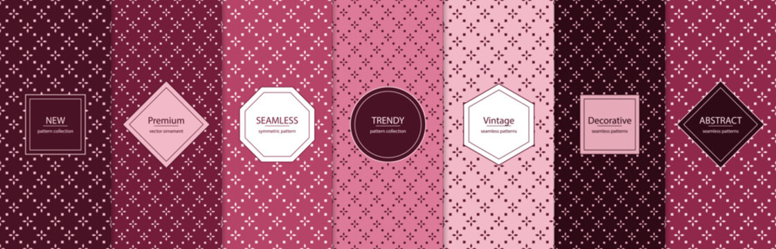 Bespoke cosmetic box liner swatches featuring repeating four-point star lattices and ditsy motifs in berry and mauve
