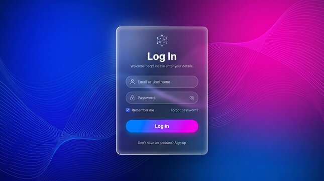 Modern login screen interface with glassmorphism design featuring a minimalist form on an abstract blue and pink gradient background for web development