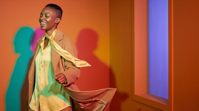 Exuberant woman laughing in camel coat and yellow scarf beside orange wall with colorful shadows