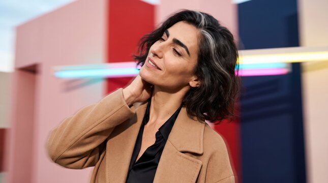 Unhurried woman with silver hair streak in camel coat touching neck beside pink architecture