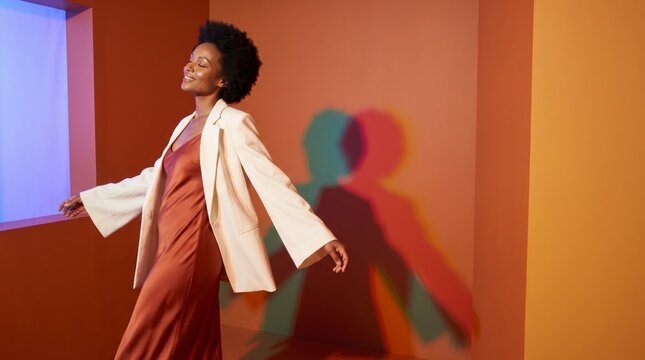 Buoyant woman with natural afro in ivory blazer and terracotta dress strolling in orange room
