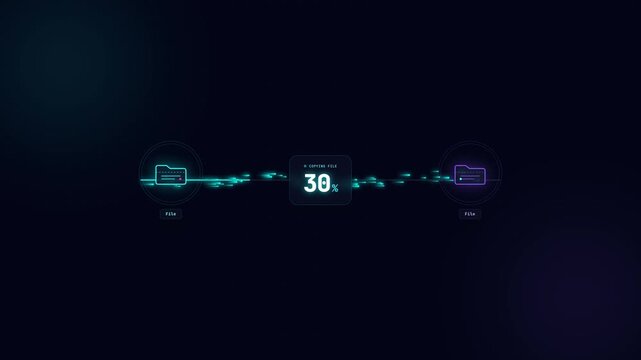 Futuristic Digital File Transfer and Data Copying Animation. Digital file transfer animation displaying progress percentage, folder icons, and fast neon data particles on a sleek dark UI background.