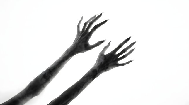 This haunting image presents a stark black silhouette of two clawing hands reaching upwards powerfully evoking the chilling and unsettling spirit of halloween night