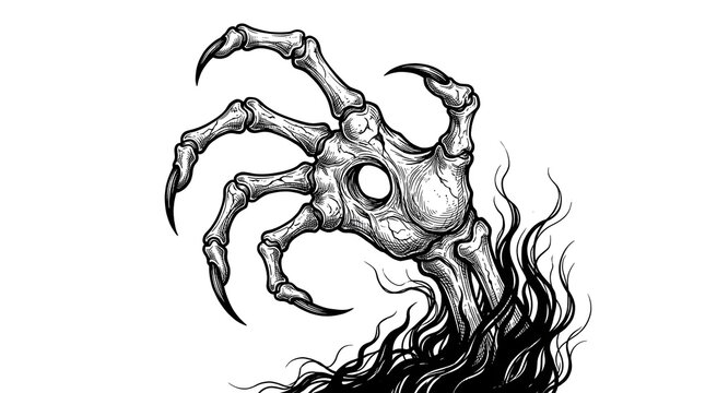 This haunting illustration presents a dramatically rendered stark black silhouette of a clawing hand powerfully evoking the unsettling and eerie spirit of halloween night