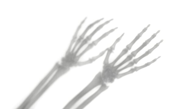 This image presents a pair of skeletal hands starkly contrasting against a white background invoking a sense of dread and the chilling atmosphere of halloween