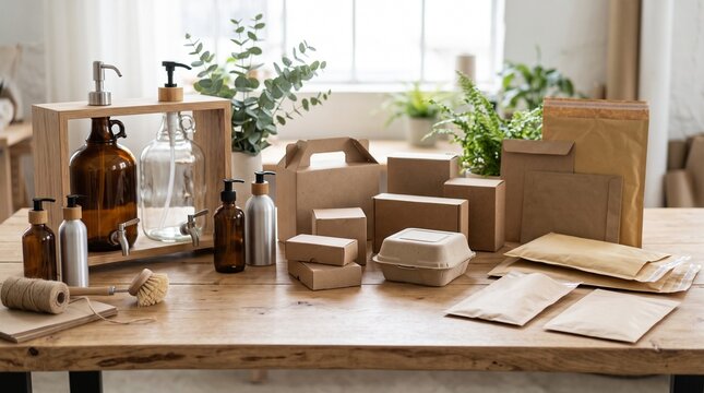 Eco-friendly kraft paper packaging, compostable boxes and refill bottles on wooden table