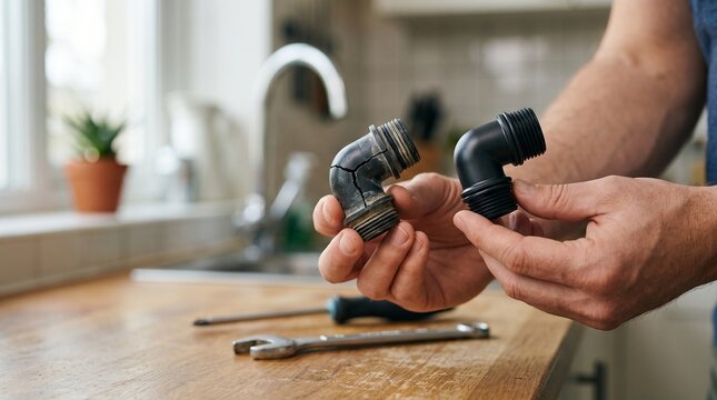 Plumber holding a cracked elbow pipe fitting next to a new replacement part in a kitchen sink area