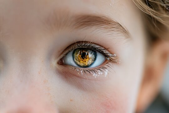 Macro close-up of a child's blue and hazel eye with snow on eyelashes and golden sparkle reflection