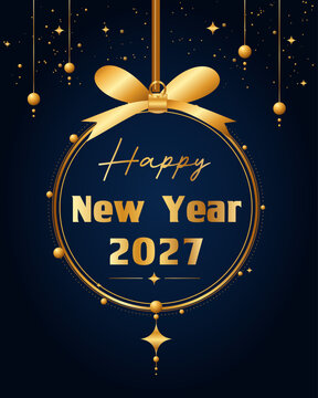 Happy New Year 2027 luxury celebration poster with elegant golden typography, decorative circular frame, satin bow, hanging ornaments and sparkling stars 