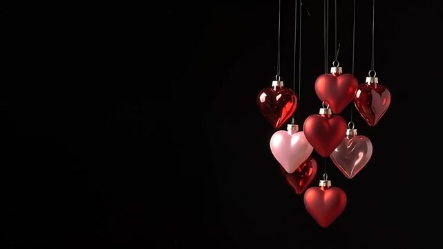 Red heart ornaments on black background.