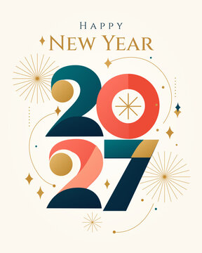 Happy New Year 2027 festive typography poster with colorful retro numbers, golden fireworks, sparkling stars and cream background. Concept of holiday celebration, joy, optimism and new beginnings