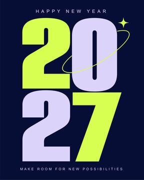 Happy New Year 2027 modern typography poster with bold neon lime and lavender numbers, orbital ring and shining star on dark navy background. Concept of celebration, optimism and new possibilities