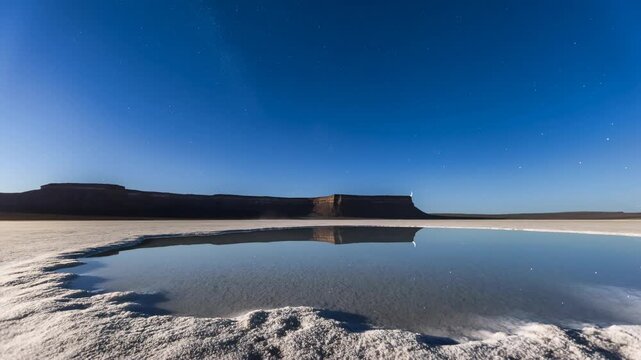 Moonlit coastal landscape with a tidal pool reflecting a crescent moon and starry sky. Nature documentaries, travel promotion, and tourism campaigns.