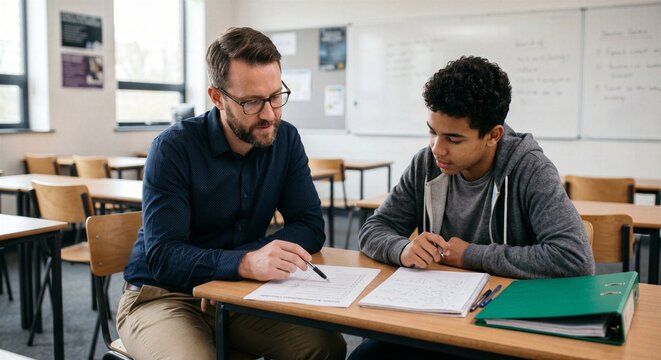 Teen student and teacher quietly checking learning accommodations illustrate practical support, accessible instruction and individualized high school success planning.