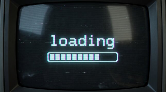 Vintage television screen displaying glitching loading text and progress bar inside old monitor