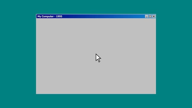 Retro operating system window dragging across desktop interface using a classic computer mouse cursor