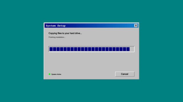 Vintage computer system setup interface showing progress bar during operating system installation process