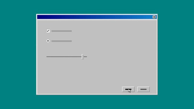 Retro computer mouse cursor clicking checkboxes and sliders inside vintage operating system window