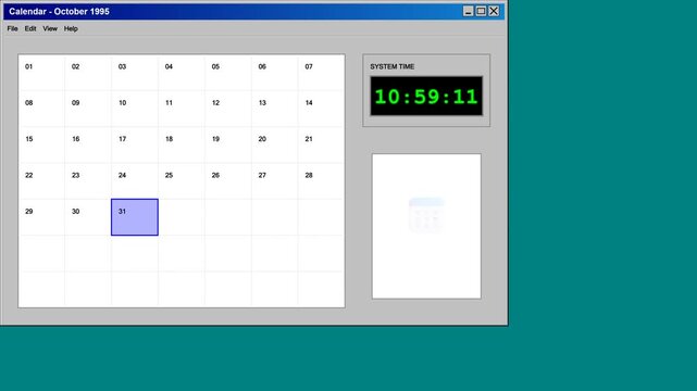 Retro computer software interface displaying a monthly calendar and a ticking digital system clock