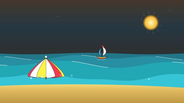 Flat Vector Illustration of Beach Scene with Umbrellas
