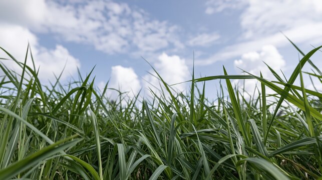 Low ground-level view through tall green grass looking up at blue sky with scattered clouds