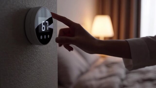 Hand adjusts digital thermostat beside bedroom, changing temperature setting. Smart home climate control. Energy efficiency and comfort. Residential heating technology.