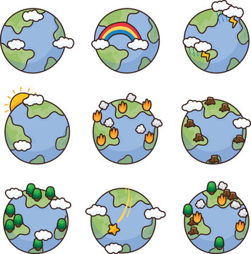 Cartoon Earth shows natural and environmental changes