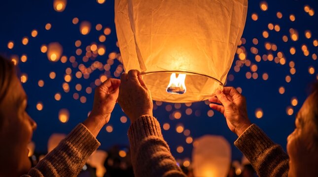 People holding a glowing paper lantern during a night festival