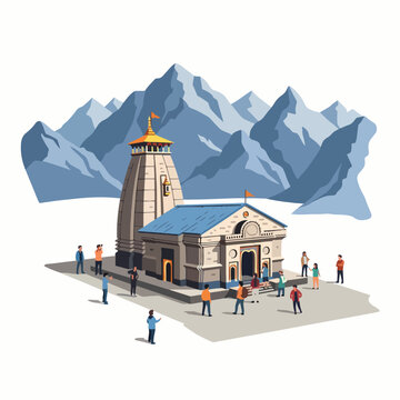Kedarnath Temple Uttarakhand India Himalayan Mountains Spiritual Pilgrimage Destination With People Visiting And Scenic Landscape Illustration