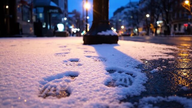 Footprints in snow beside wet city pavement at night. Winter snowfall on urban street. Cold weather and seasonal travel concept. Snowy city street.