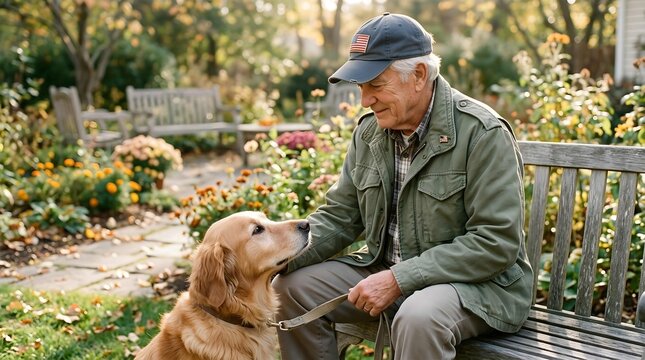 Senior Veteran Enjoying a Peaceful Autumn Afternoon With His Loyal Golden Retriever Companion in a Serene Garden Setting