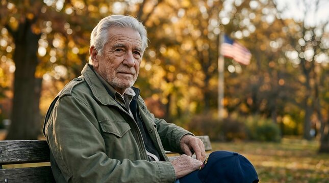 Elderly Veteran Sitting on a Park Bench Reflecting on Service during a Golden Autumn Afternoon