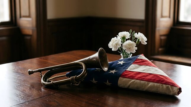 Vintage Military Bugle And Folded American Flag With White Carnations For Memorial Day Remembrance And Patriotism On A Dark Wooden Table
