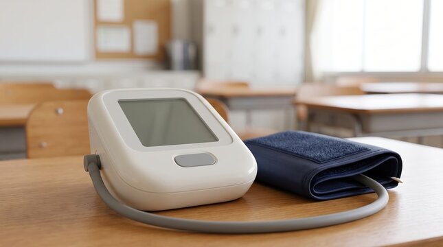 Digital Blood Pressure Monitor on Classroom Desk