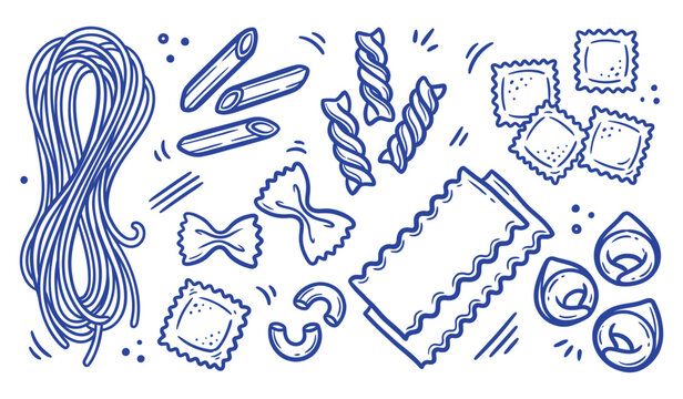 Italian pasta varieties collection showing spaghetti penne farfalle and ravioli shapes