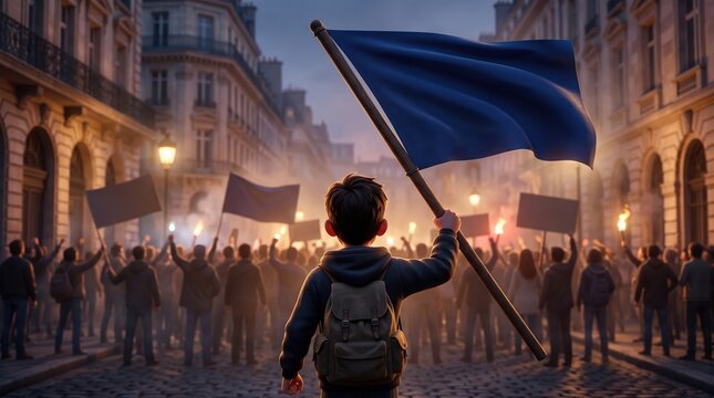 Young Boy with Blue Flag Leading Street Protest