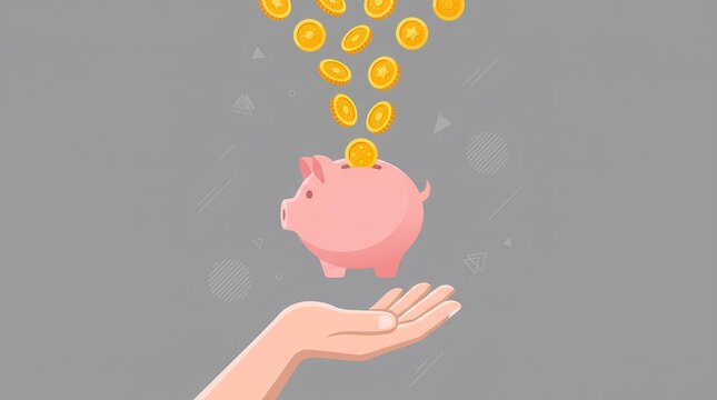 Money saving and investment concept with gold coins falling into a piggy bank.
