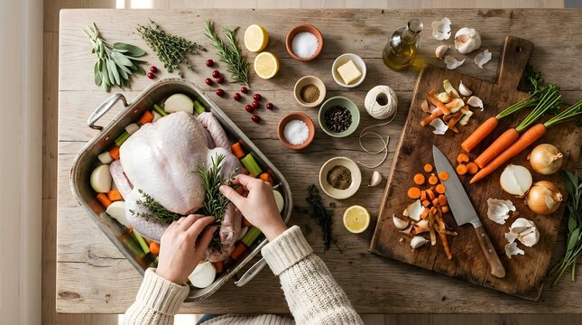 High Angle View of a Person Preparing a Whole Raw Turkey with Fresh Herbs and Vegetables for a Traditional Holiday Feast